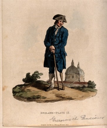 A portrait of a Greenwich pensioner with a wooden leg. John Murray, London, 1813. Image source: Wellcome Library, London. Used under Creative Commons Attribution-Non-Commercial version 2.0 licence
